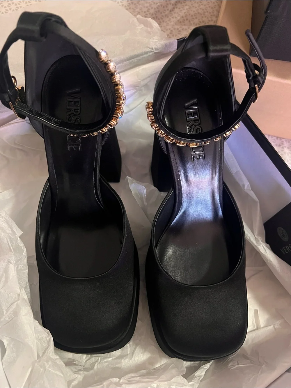 AUTHENTIC Versace Satin Crystal Embellishments D'Orsay Pumps 120mm size 39